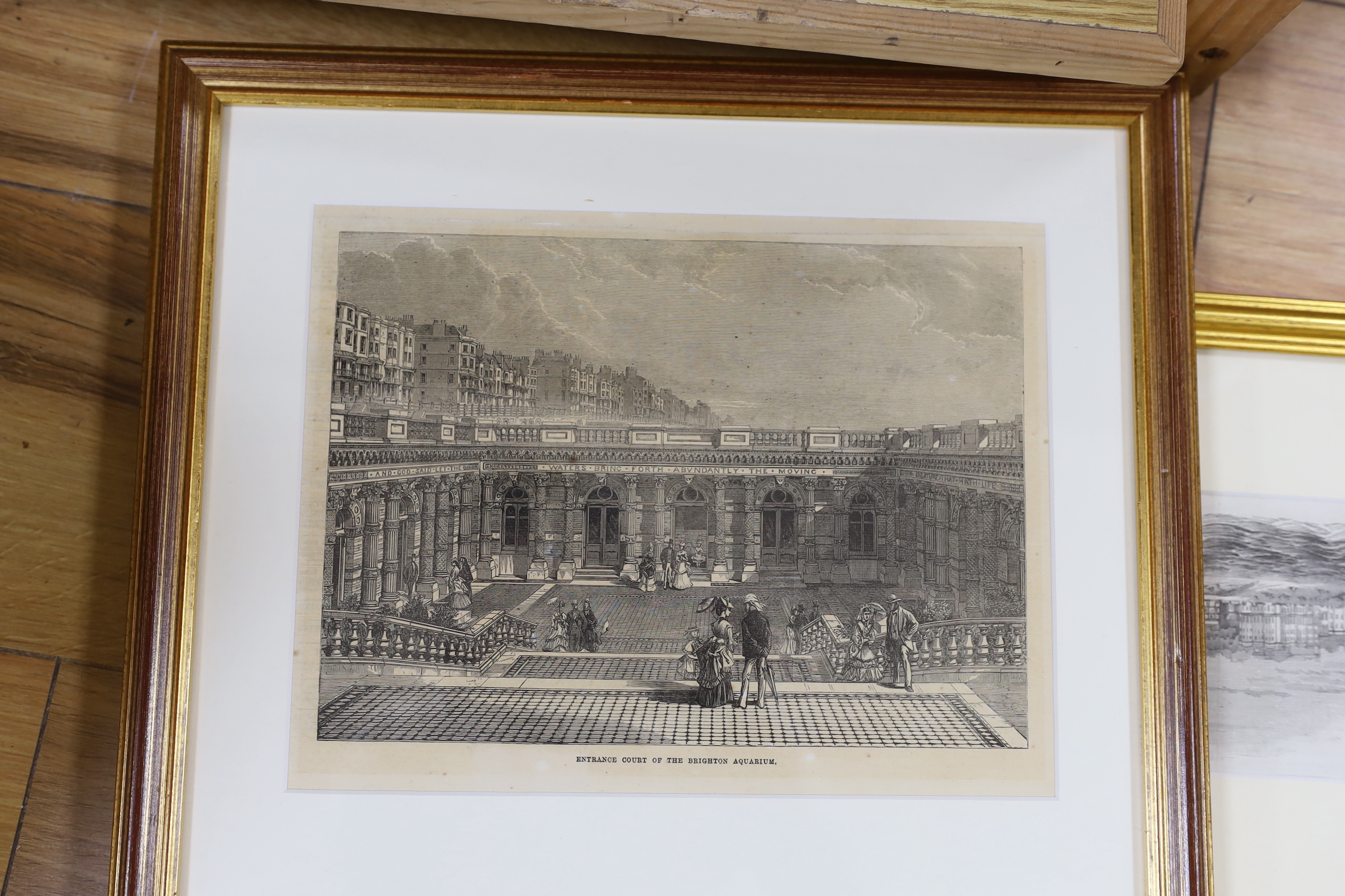 Nine 19th century engravings and prints of Brighton views, some hand coloured including, ‘Entrance court of the Brighton aquarium’, ‘View of the Old Ship Hotel and Kings Road Brighton’, after R.H Nibbs and ‘The Park, Bri